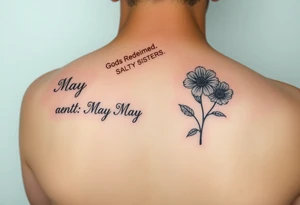 Smaller tattoo with May and December birth month flowers and the saying Gods Redeemed Obedient Salty Sisters aligned to the left tattoo idea