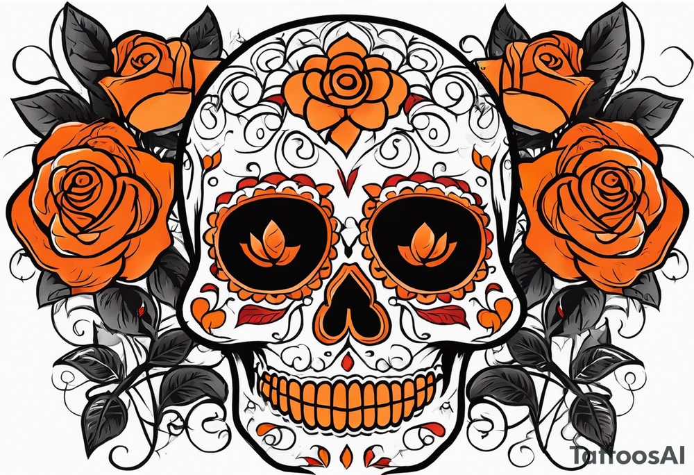 Orange Sugar skull with roses that are orange and red with smoke around it tattoo idea