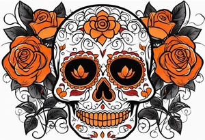 Orange Sugar skull with roses that are orange and red with smoke around it tattoo idea