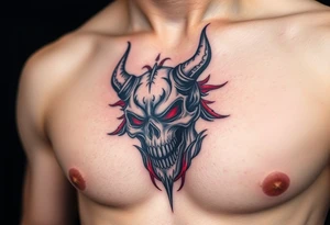 Demon skull black and red on left chest male tattoo idea