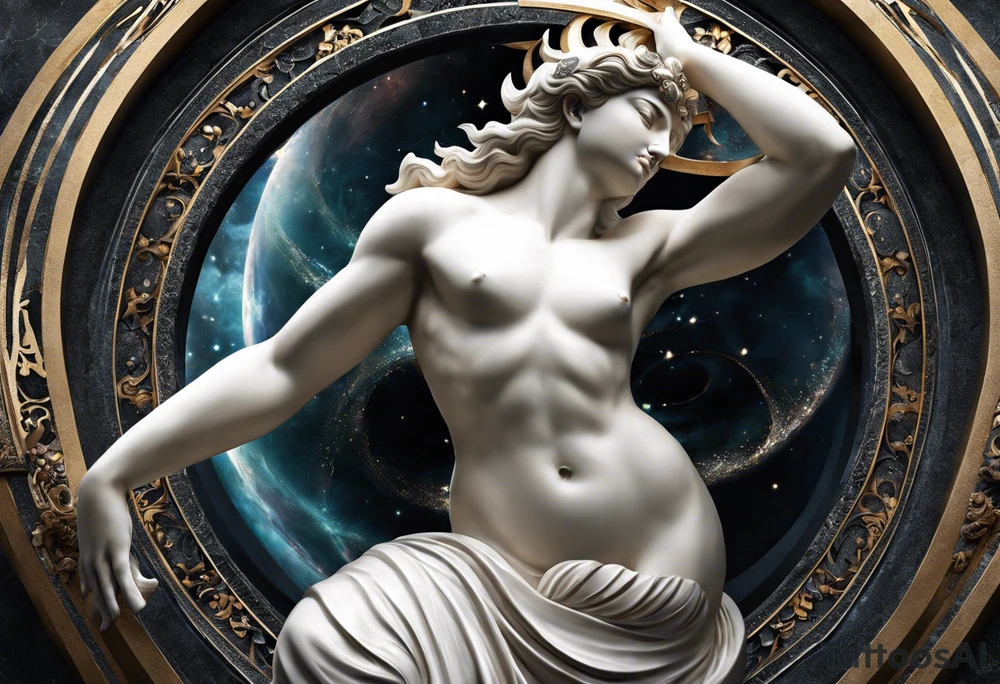 Visualize a mesmerizing tattoo featuring a majestic marble statue depicted in the process of breaking free from its stone confines, symbolizing the liberation of the mind and the pursuit of higher understanding. The statue's form, sculpted with meticulous detail, appears to be emerging from a celestial shell adorned with cosmic motifs and swirling galaxies. As the shell fractures, radiant beams of light pierce through, illuminating the surrounding space in a breathtaking display of enlightenment and awakening. In the background, a vast expanse of stars and celestial bodies stretches into infinity, evoking a sense of wonder and boundless potential. This tattoo serves as a powerful metaphor for breaking free from limitations and embracing the expansive universe of knowledge and possibility. tattoo idea