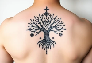 geometrical mystical tree of life with the star of David and cross cosmic roots and celestial symbols branches with HIV-positive symbol tattoo idea