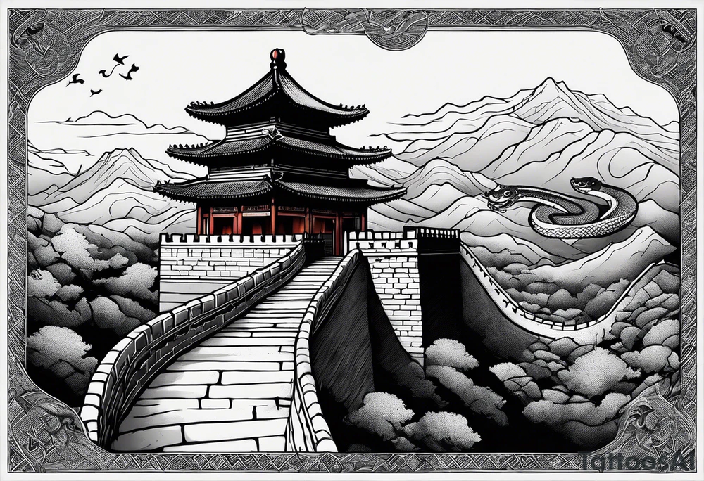 Rat behind Tiger and Snake on the great Wall of China with Temple tattoo idea