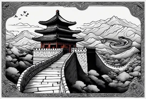 Rat behind Tiger and Snake on the great Wall of China with Temple tattoo idea