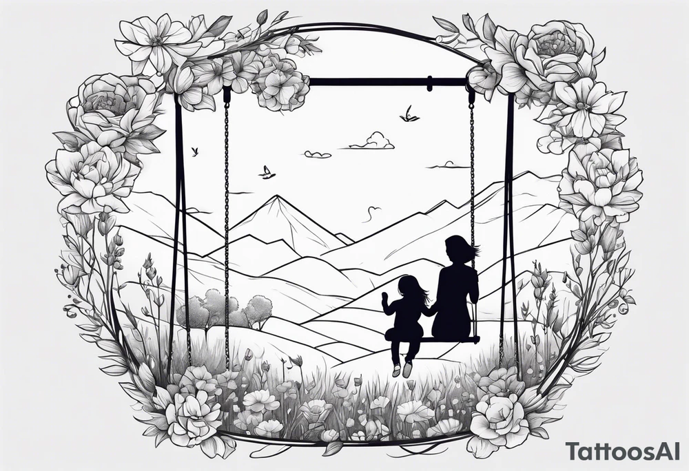 Mom with son and daughter on a swing in the distance in a field of flowers tattoo idea