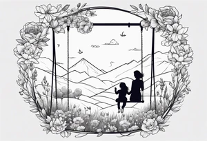 Mom with son and daughter on a swing in the distance in a field of flowers tattoo idea