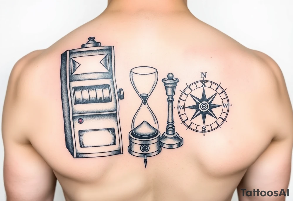Slot machine next to sand timer and compass tattoo idea