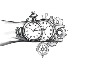 Clocks on arm that show kids birthday with gears as background tattoo idea