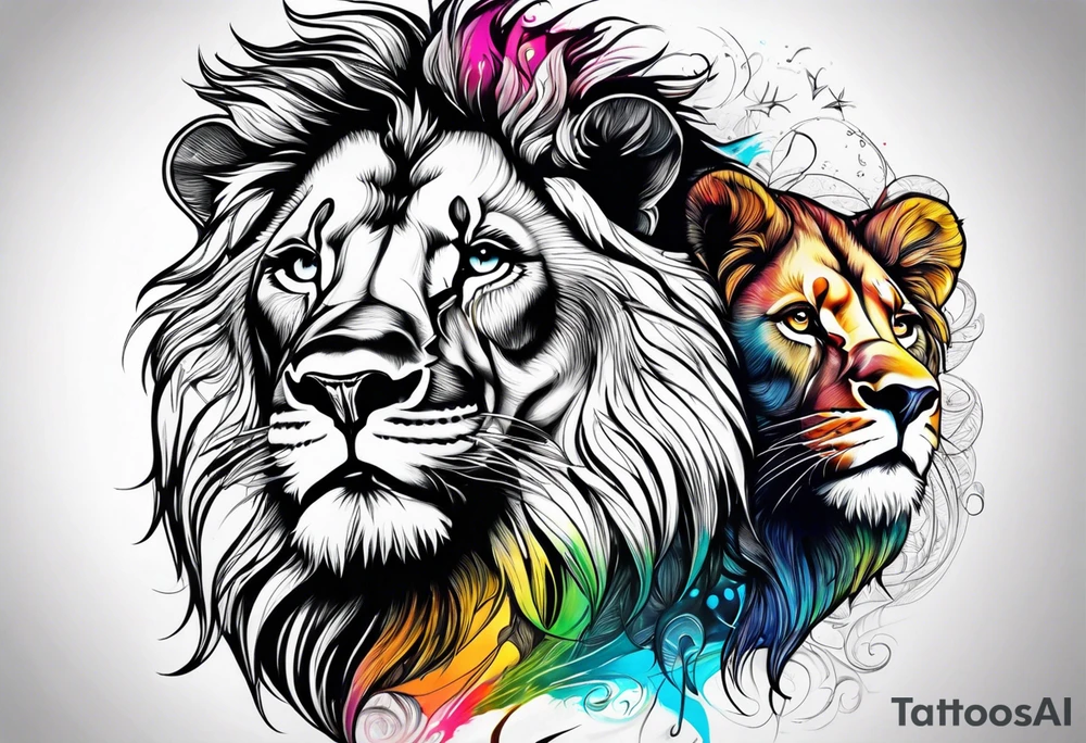 Realistic lion and lioness 
bonding tattoo idea