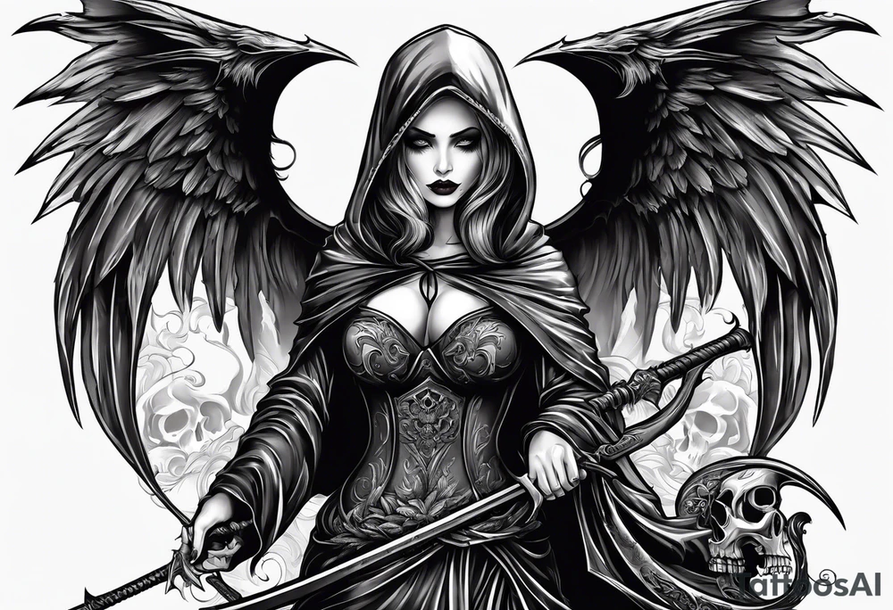 Lady grim reaper with wings, scythe and skulls tattoo idea