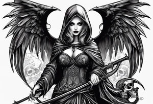 Lady grim reaper with wings, scythe and skulls tattoo idea