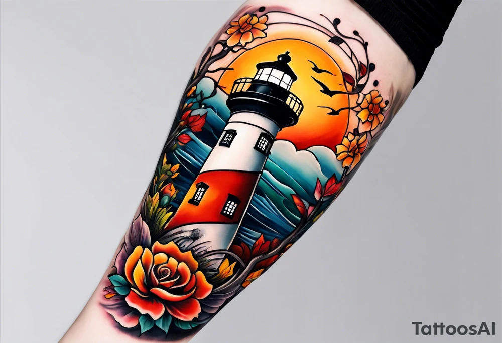 Arm sleeve with fall colors, various flowers, water flow, water splash, light house tattoo idea