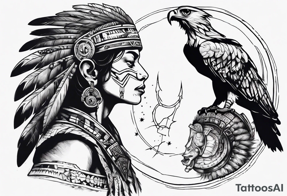 Aztec warrior gazing at the night sky in the moonlight as a harpy eagle flys by dark aesthetic tattoo idea