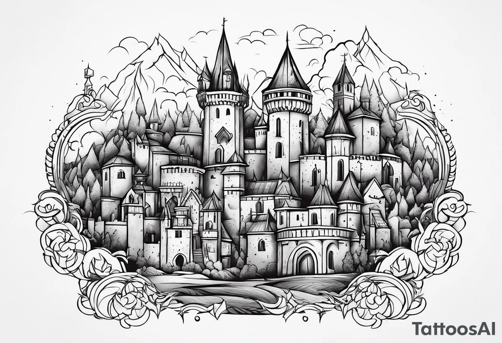 medieval tribal city land vignette tattoo idea