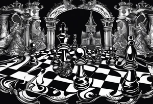 a chessboard with angelic and demonic chess pieces engaged in a strategic game, symbolizing the eternal battle between opposing forces. tattoo idea