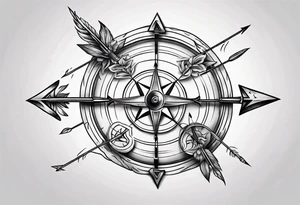 bow arrow with compass in the middle tattoo idea