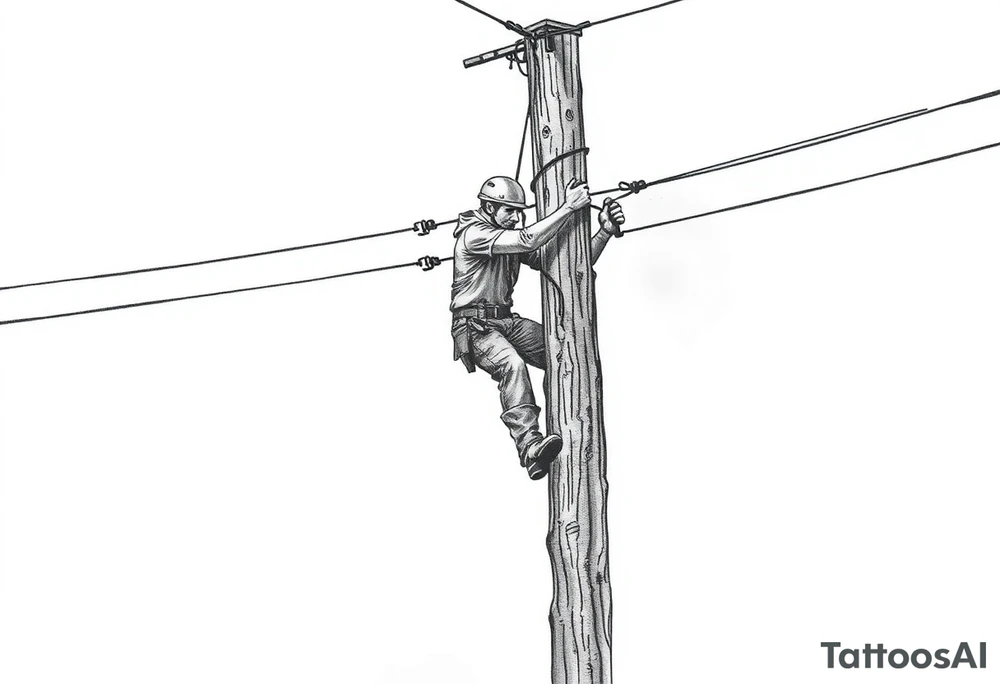 power lineman climbing a wooden 12kv pole. Make the pole a cross that has a hidden resemblance to god. tattoo idea