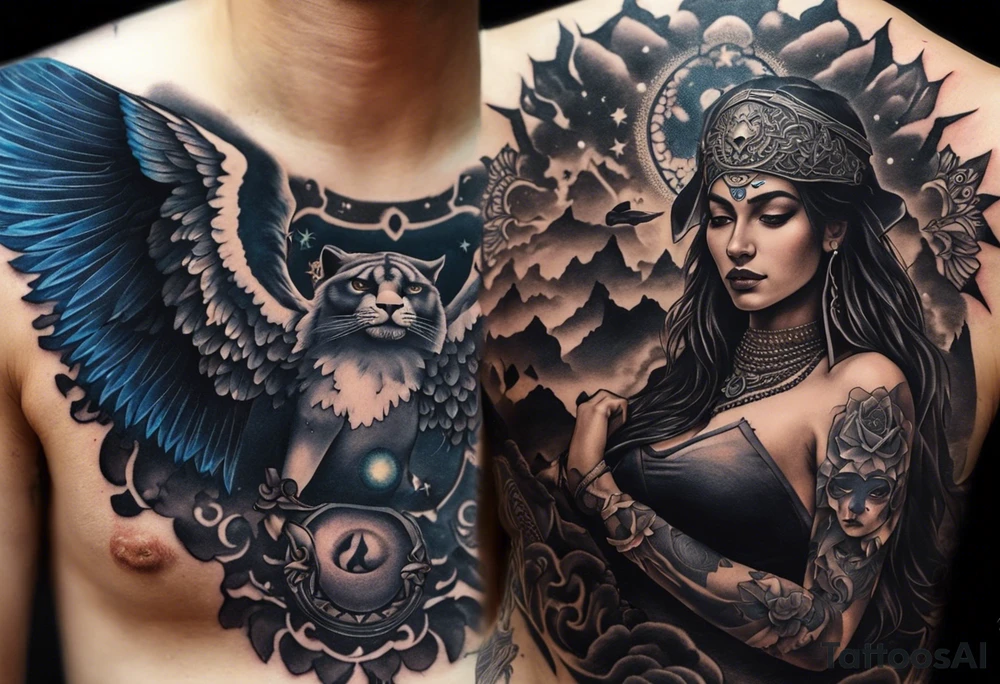 black kali, goddess pirate, alien, angel, pachamama, valkrye, warrior, flying, skull, lotus azul, wing, eagle, zenza resonance, stars, 5D, anahata chakra, death, durga, riding on a tiger, flying lady, kundalini, chest tatoo, rebel tattoo idea