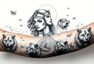 A Egyptians woman with surrounded by Wolves & Lions behind a Pyramids & mountain with the sun overhead & jets flying in the air & smoke surrounding everything tattoo idea