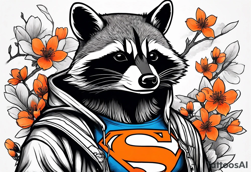 raccoon wearing a black and white Superman hoodie and orange Japanese cherry blossoms tattoo idea