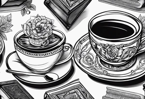 4 stacked books with a cup of coffee on top tattoo idea