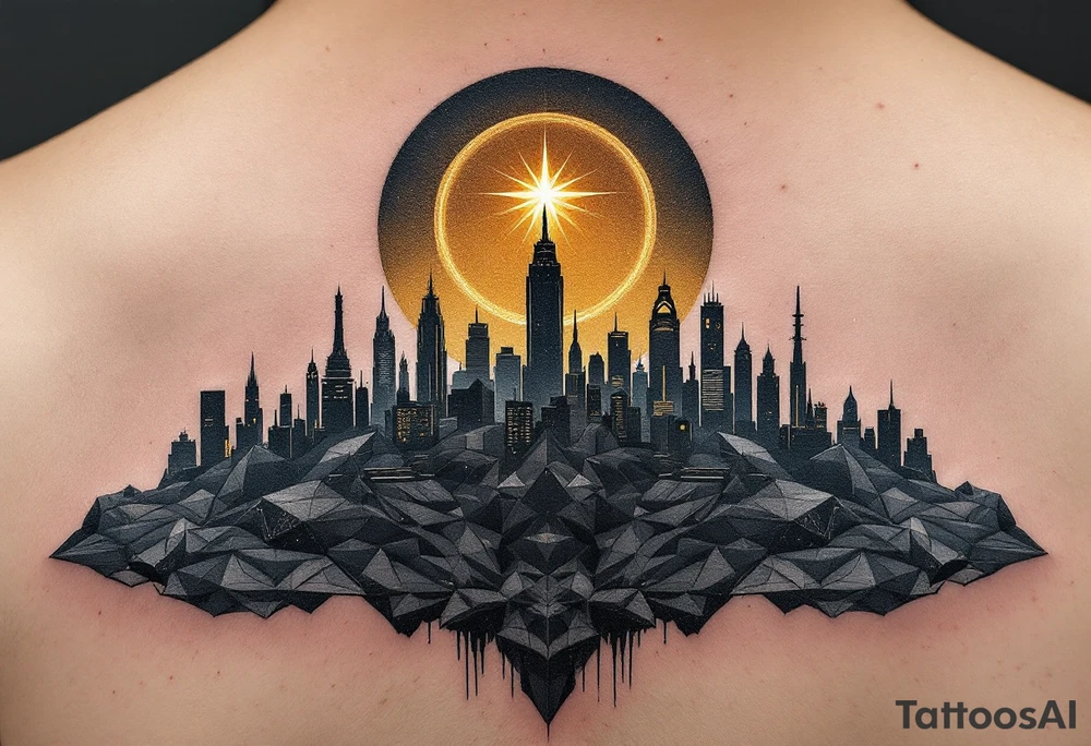 A futuristic city skyline in deep shades of gray and navy blue, with a single bright gold star shining above, symbolizing hope in a dystopian world. tattoo idea