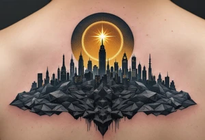 A futuristic city skyline in deep shades of gray and navy blue, with a single bright gold star shining above, symbolizing hope in a dystopian world. tattoo idea