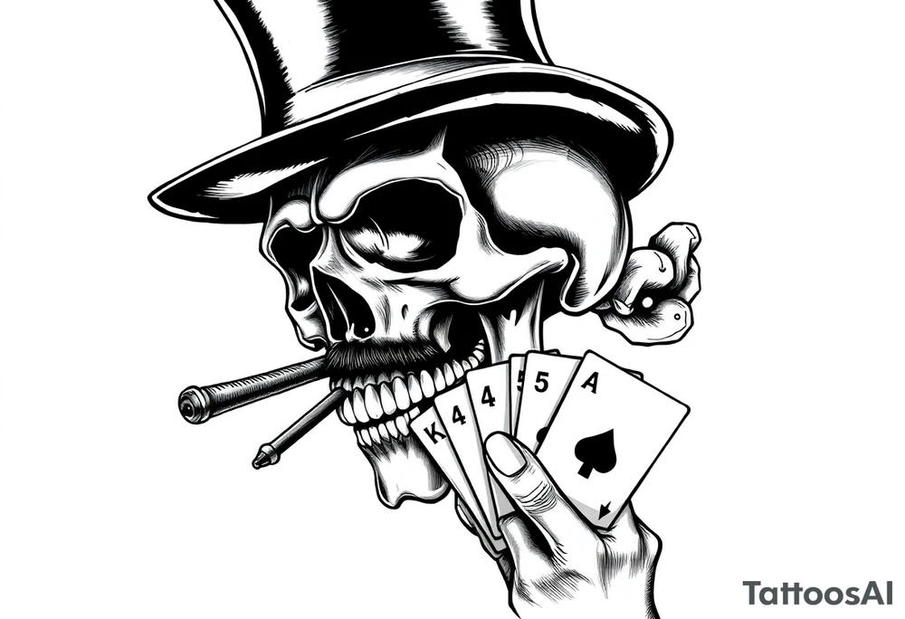 a skull with mustache,top-hat, cigar in his mouth and playing cards in a hand. tattoo idea