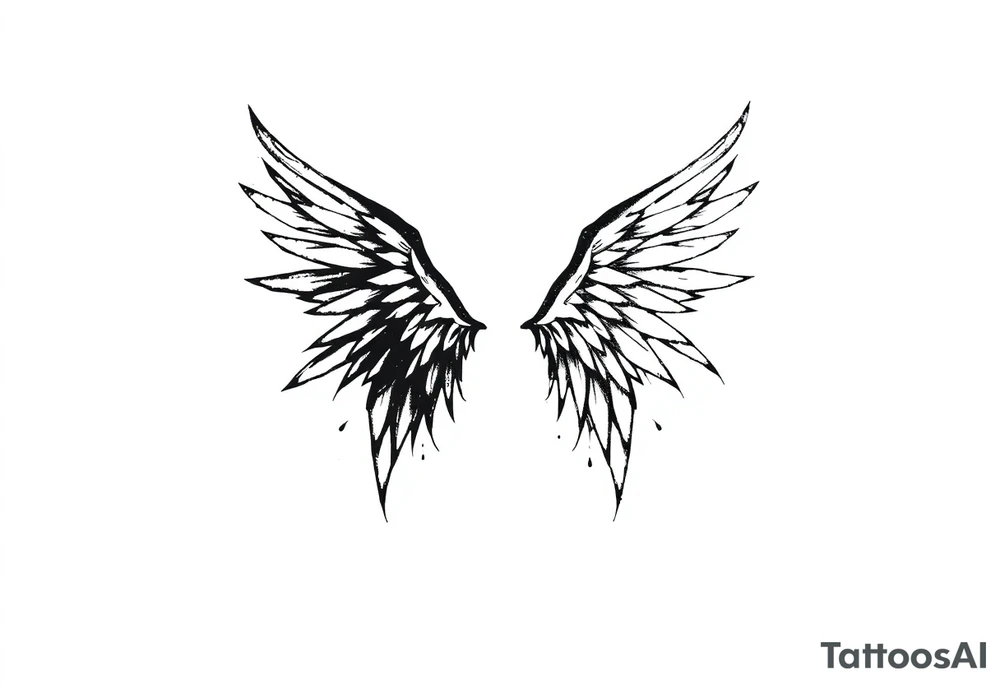 the wings go up

This tattoo design features a pair symmetrical angel wings drawn in black ink with a rough, sketch-like style. The left wing is darker, more defined, and appears denser, while the right wing is lighter, more delicate, and fragmented, creating a contrast between the two. The feathers are sharp and irregular, with fine lines and stray strokes extending outward, adding a raw and artistic feel. The overall look is dynamic and slightly chaotic, giving the impression of movement or an unfinished, ethereal form. This design symbolizes duality, freedom, transformation, or even struggle, making it a meaningful and visually striking tattoo. tattoo idea