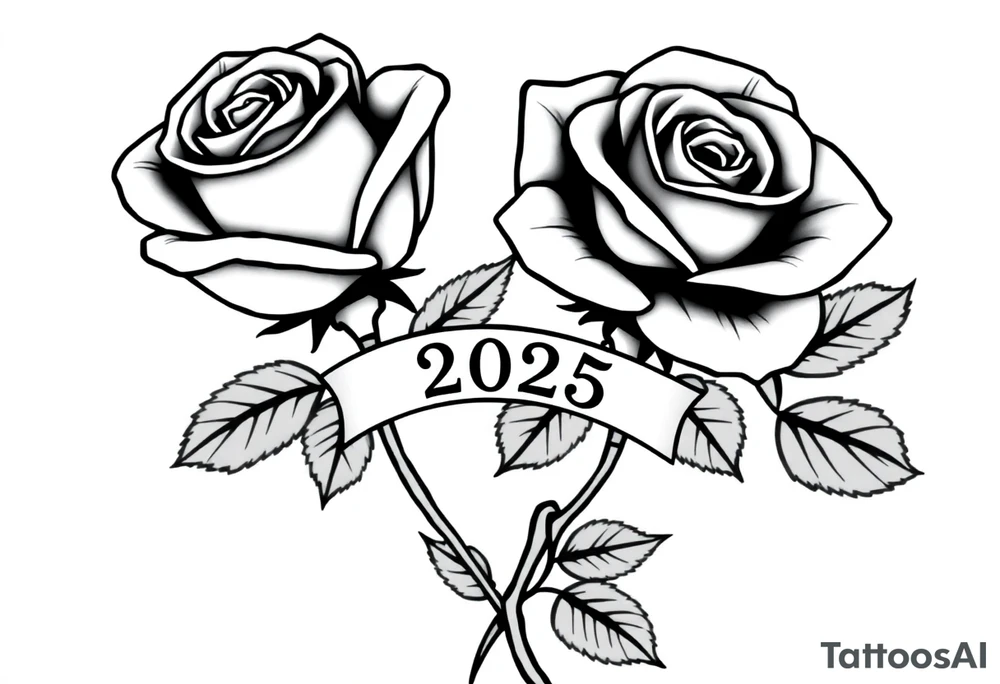 two beautiful large rose buds, one larger than the other, with many leaves next to the rose buds, with one sitting higher than the other. Include a banner connecting the two roses with the year 2025 on it.   Use dark outlines with little shading. The two stems should be short, not long, and connect and join into one stem, whimsically curved or twisted - not straight down. tattoo idea
