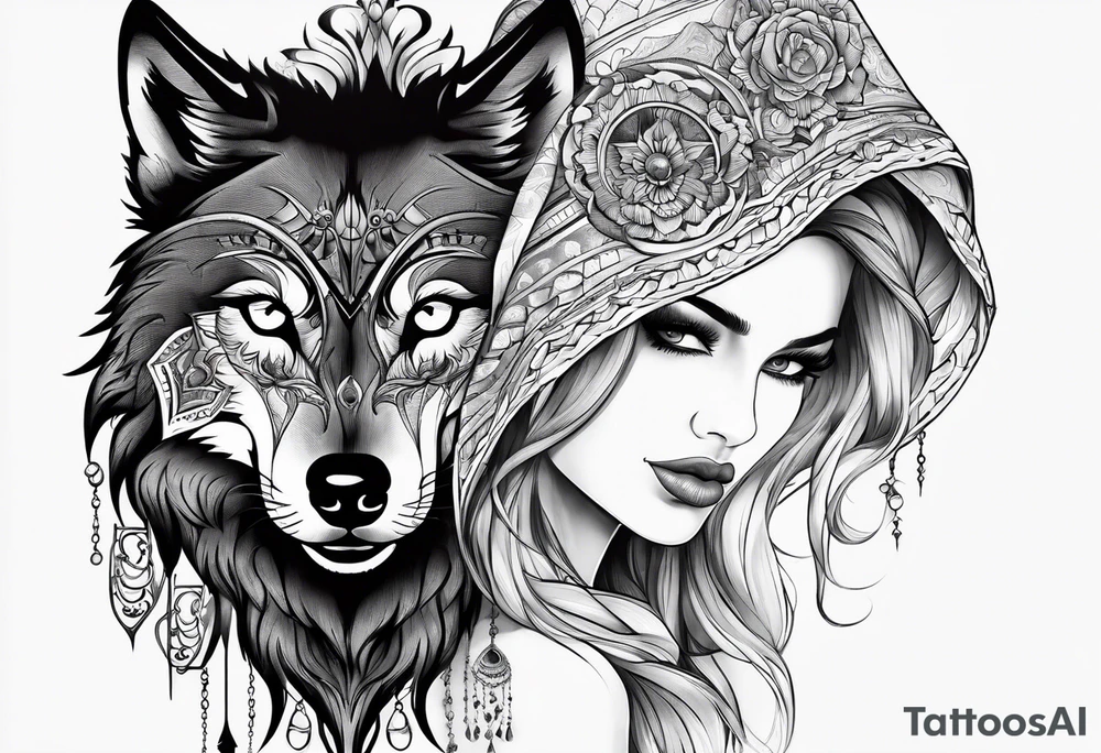 a wolf and a woman with the same eye tattoo idea