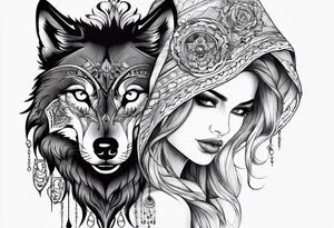 a wolf and a woman with the same eye tattoo idea