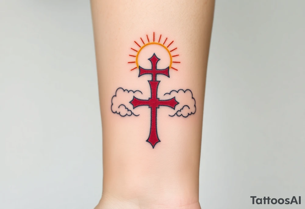 A red Templar cross with a golden halo above it, floating among soft, radiant clouds tattoo idea