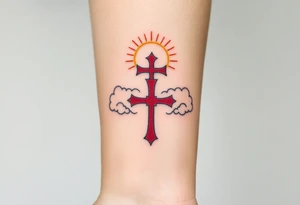 A red Templar cross with a golden halo above it, floating among soft, radiant clouds tattoo idea