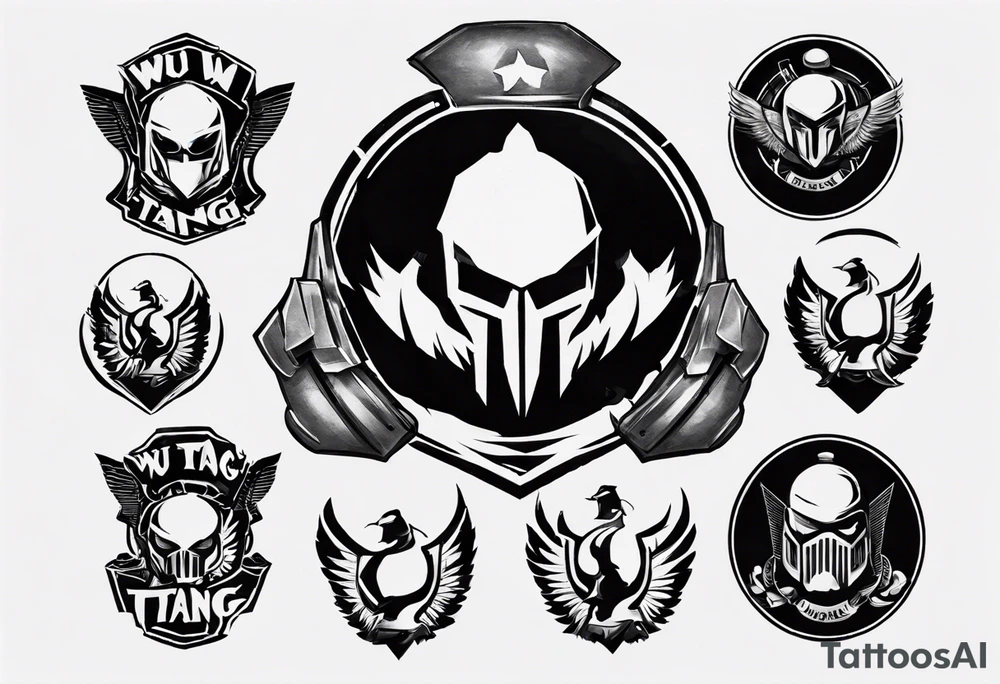 wu tang logo and army helmet in circle tattoo idea