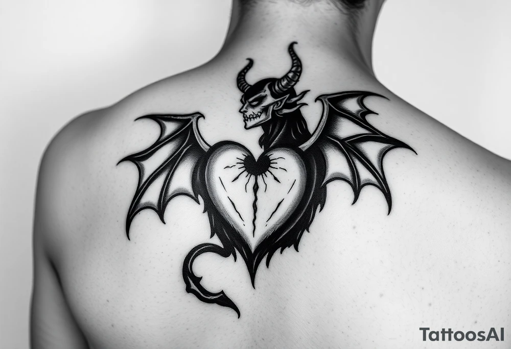 Man having heart broken buy demon women dark evil tattoo idea