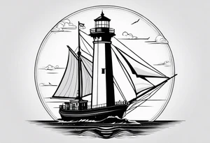 maritime lighthouse partially hidden by its  large fixed sails. tattoo idea