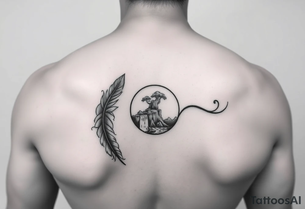 An infinity symbol that turns into a feather that turns into a waterfall that all fits inside a yin yang tattoo idea