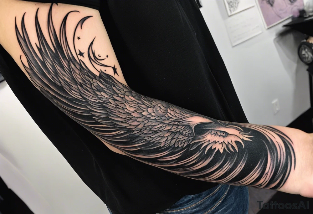 A full sleeve tattoo on ym rights arm 
showing A large phoenix over my shoulder  A person/angel flying through a starry night sky, Some witches or salem witch trial type imagery  a blacked out silhouette from a picture of my band after a show tattoo idea