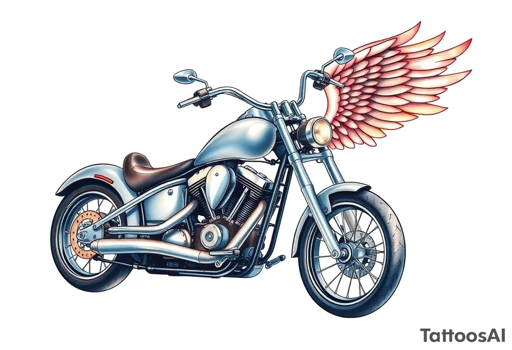 Low rider grey motorcycle, big muffler pipes with flames, angel wings, driving away, no person tattoo idea