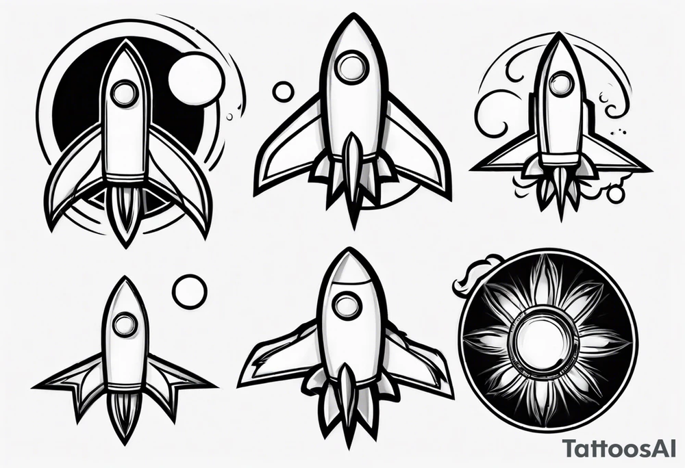 Super simple cartoon rocket ship with a round window, 3 fins, and fire coming out the bottom tattoo idea