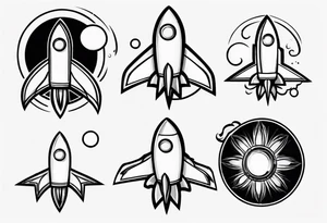 Super simple cartoon rocket ship with a round window, 3 fins, and fire coming out the bottom tattoo idea