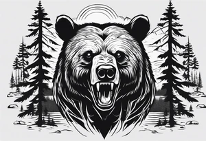 bear head, forest, lake, appalachia, arm sleeve tattoo tattoo idea