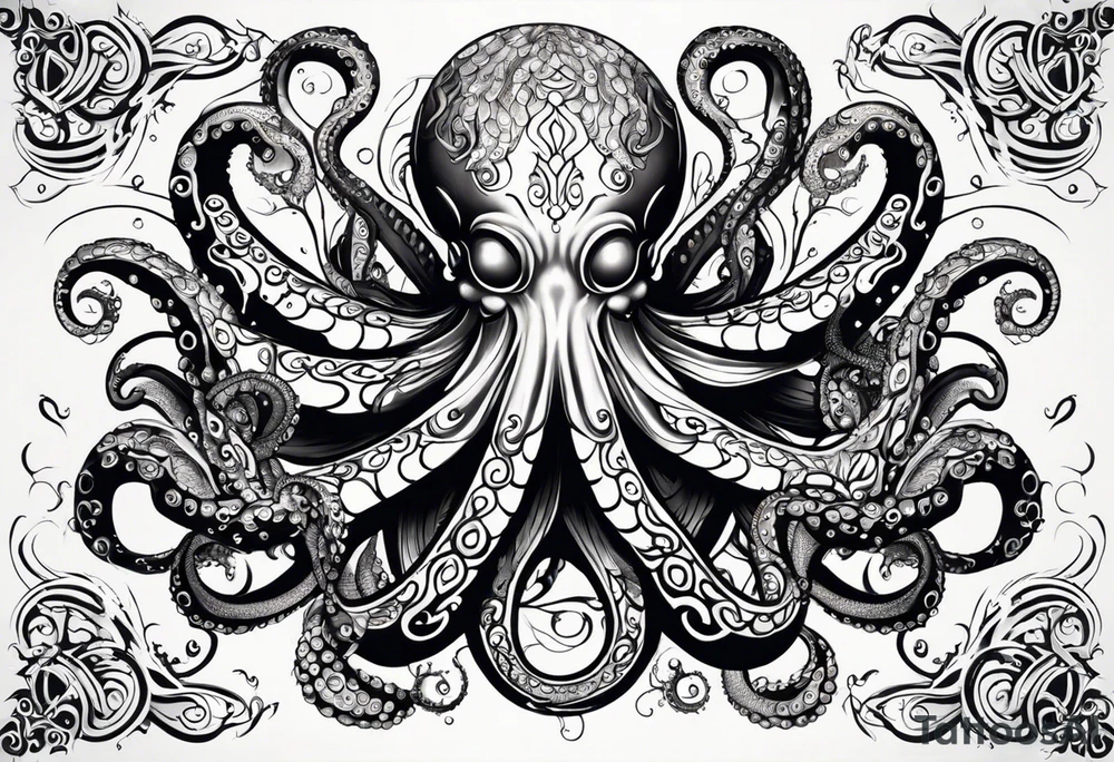 Tribal half sleeve. octopus surrounded by ribbons of water waves filled with fish. the octopus has no eyes. Use thick lines only with less detail. tattoo idea