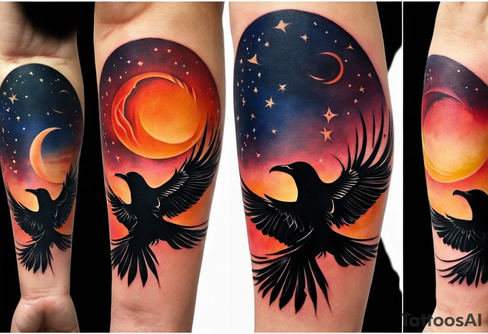 Ying-yang tattoo on your forearm, where one side captures the beauty of the night sky with a full moon, and the other side showcases the warm hues of a sunset. The moon side features a stunning depiction of a crow in flight, adding a touch of magic and wonder to the design. On the sunset side, the silhouettes of a man, woman, and two teenage boys walking create a sense of togetherness and family. Around the circle the words "When Life is hard, you have to change" are written in child's writing tattoo idea