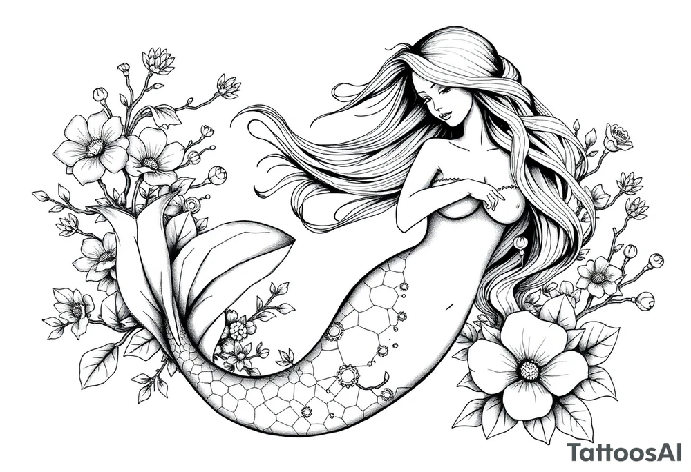ethereal mermaid with flowing hair among coral and sea flowers tattoo idea