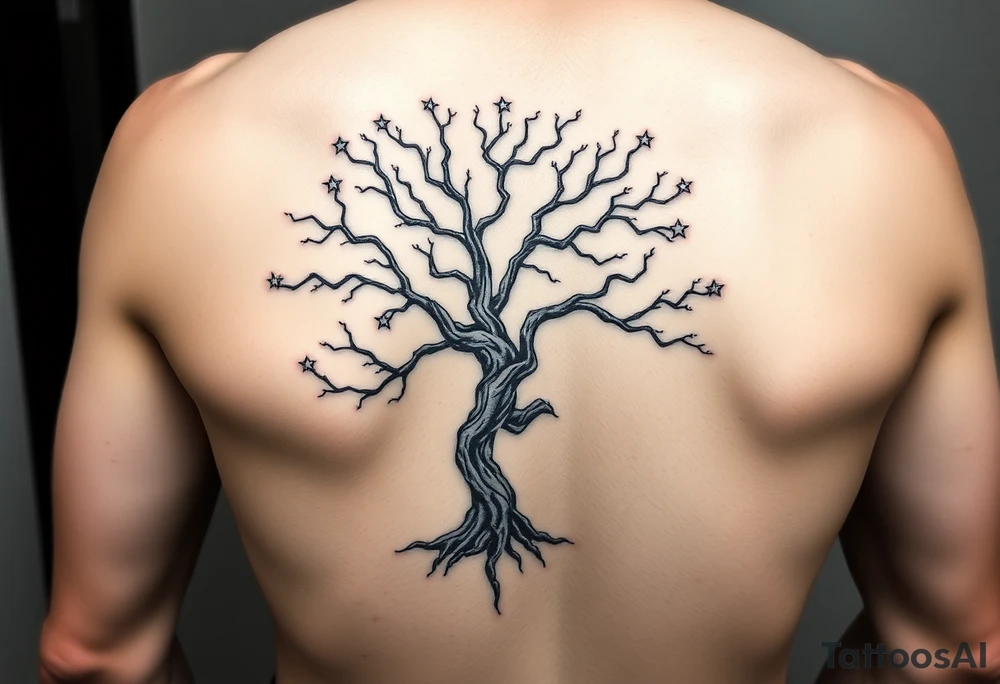 Flowing asymmetrical symbolic tree quarter sleeve on shoulder. Bold and simple branches that do not look realistic. Tree of gondor with seven stars tattoo idea
