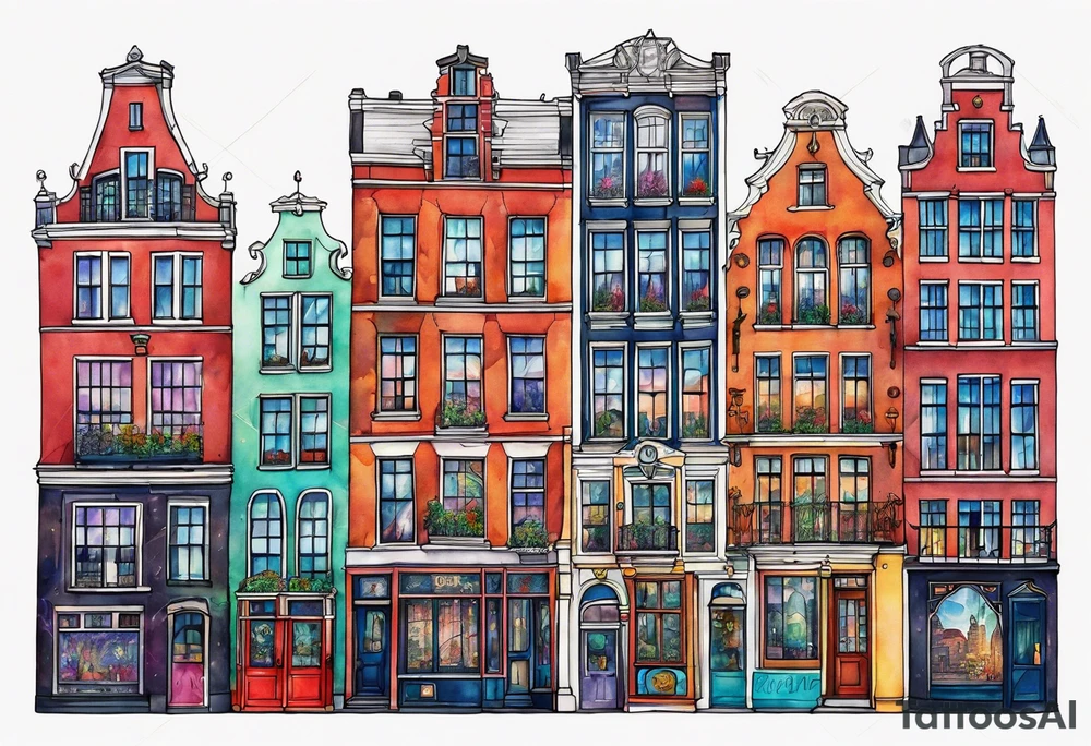 Tattoo of glass animals in Amsterdam buildings and canal featuring glass and colours of galaxy and universe colours tattoo idea