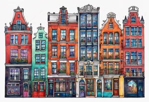 Tattoo of glass animals in Amsterdam buildings and canal featuring glass and colours of galaxy and universe colours tattoo idea