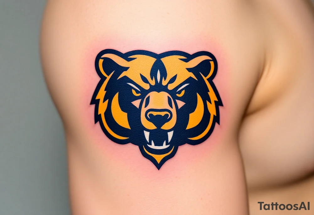 University of Northern Colorado bear mascot  head with Navy blue and yellow with UNC lettering Above head tattoo idea